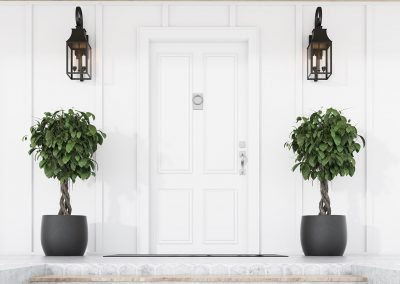 white front door with porch lights and potted plants on each side